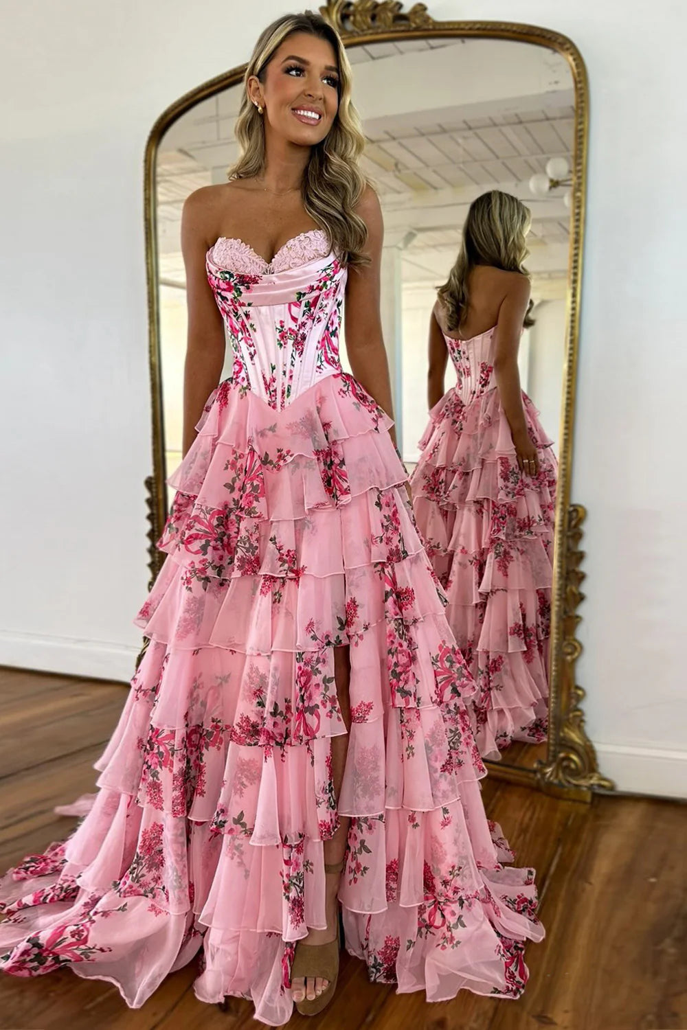 ParisLily Women Romantic Sweetheart A-Line Long Print Layered Tulle Prom Dress with Slit Parislily.com ParisLily Women Romantic Sweetheart A-Line Long Print Layered Tulle Prom Dress with Slit Parislily.com