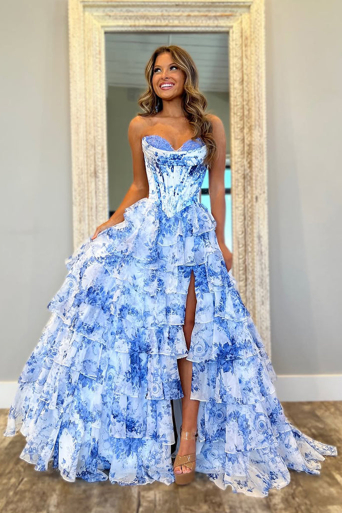 ParisLily Women Romantic Sweetheart A-Line Long Print Layered Tulle Prom Dress with Slit Parislily.com ParisLily Women Romantic Sweetheart A-Line Long Print Layered Tulle Prom Dress with Slit Parislily.com