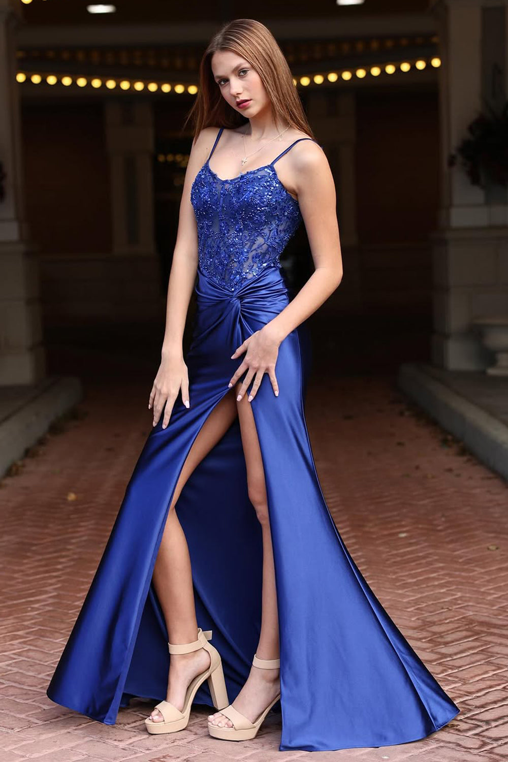 Royal Blue Mermaid Spaghetti Straps Glitter Top Prom Dress With Leg Slit