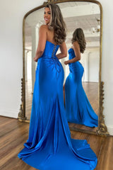 Royal Blue Strapless Lace Up Long Mermaid Satin Prom Dress with Slit