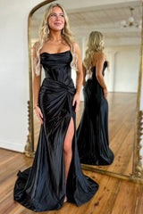 Royal Blue Strapless Lace Up Long Mermaid Satin Prom Dress with Slit