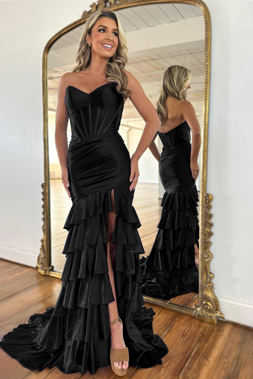 Royal Blue Strapless Long Satin Prom Dress with Ruffle Skirt and Slit
