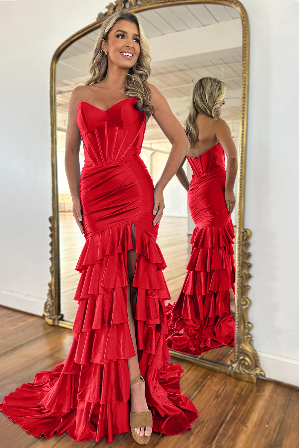Royal Blue Strapless Long Satin Prom Dress with Ruffle Skirt and Slit