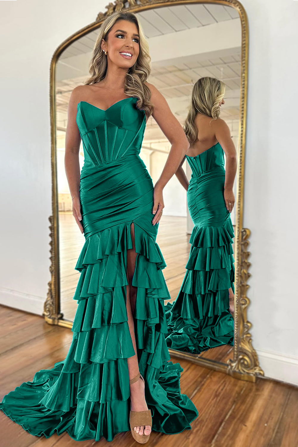 Royal Blue Strapless Long Satin Prom Dress with Ruffle Skirt and Slit