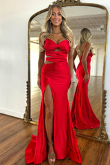 Royal Blue Stylish Mermaid Spaghetti Straps Waist Hollow Satin Prom Dress with Slit