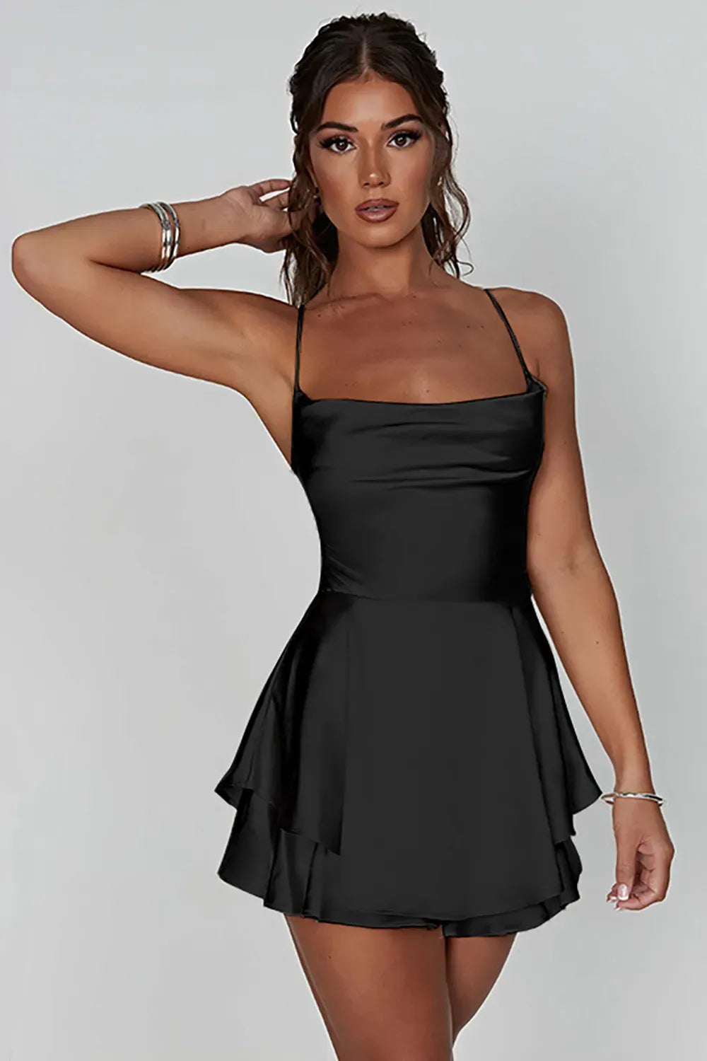 Sage Green A-Line Spaghetti Straps Lace Up Short Tiered Satin Graduation Dress