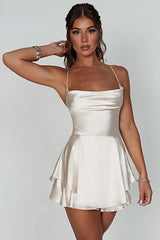 Sage Green A-Line Spaghetti Straps Lace Up Short Tiered Satin Graduation Dress