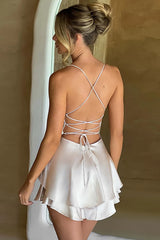 Sage Green A-Line Spaghetti Straps Lace Up Short Tiered Satin Graduation Dress
