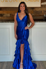 Sage Green Mermaid V-Neck Long Satin Prom Dress with Ruffle Skirt