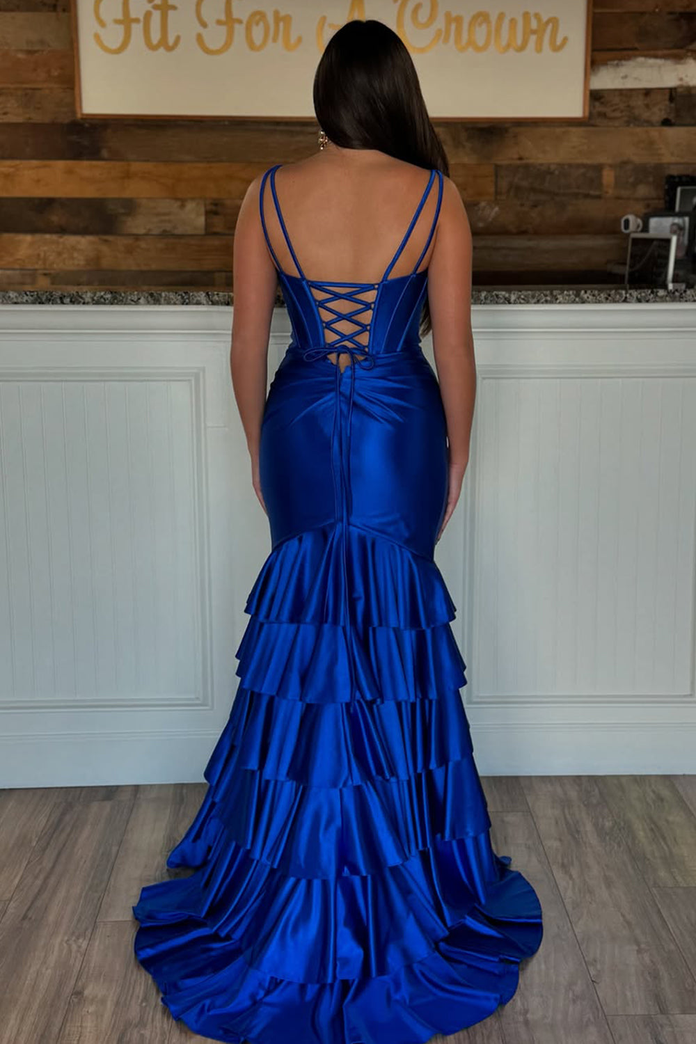 Sage Green Mermaid V-Neck Long Satin Prom Dress with Ruffle Skirt