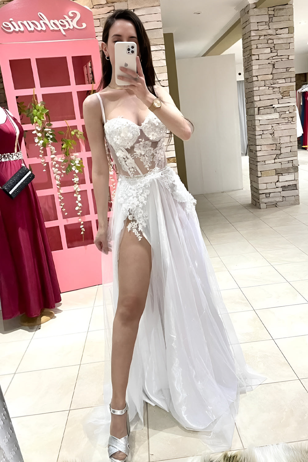 Sexy A-Line Spaghetti Straps Long Tulle Prom Dress with High Slit