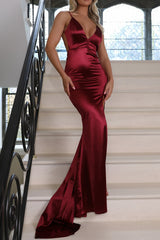 Sexy Mermaid Spaghetti Straps Open Back Long Satin Prom Party Dress With Slit