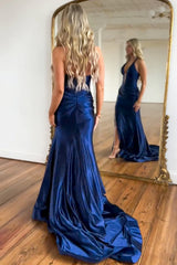 Sexy Navy Halter Neck Mermaid Long Satin Prom Dress with Slit