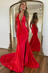 Sexy Navy Halter Neck Mermaid Long Satin Prom Dress with Slit