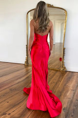 Sexy Navy Halter Neck Mermaid Long Satin Prom Dress with Slit