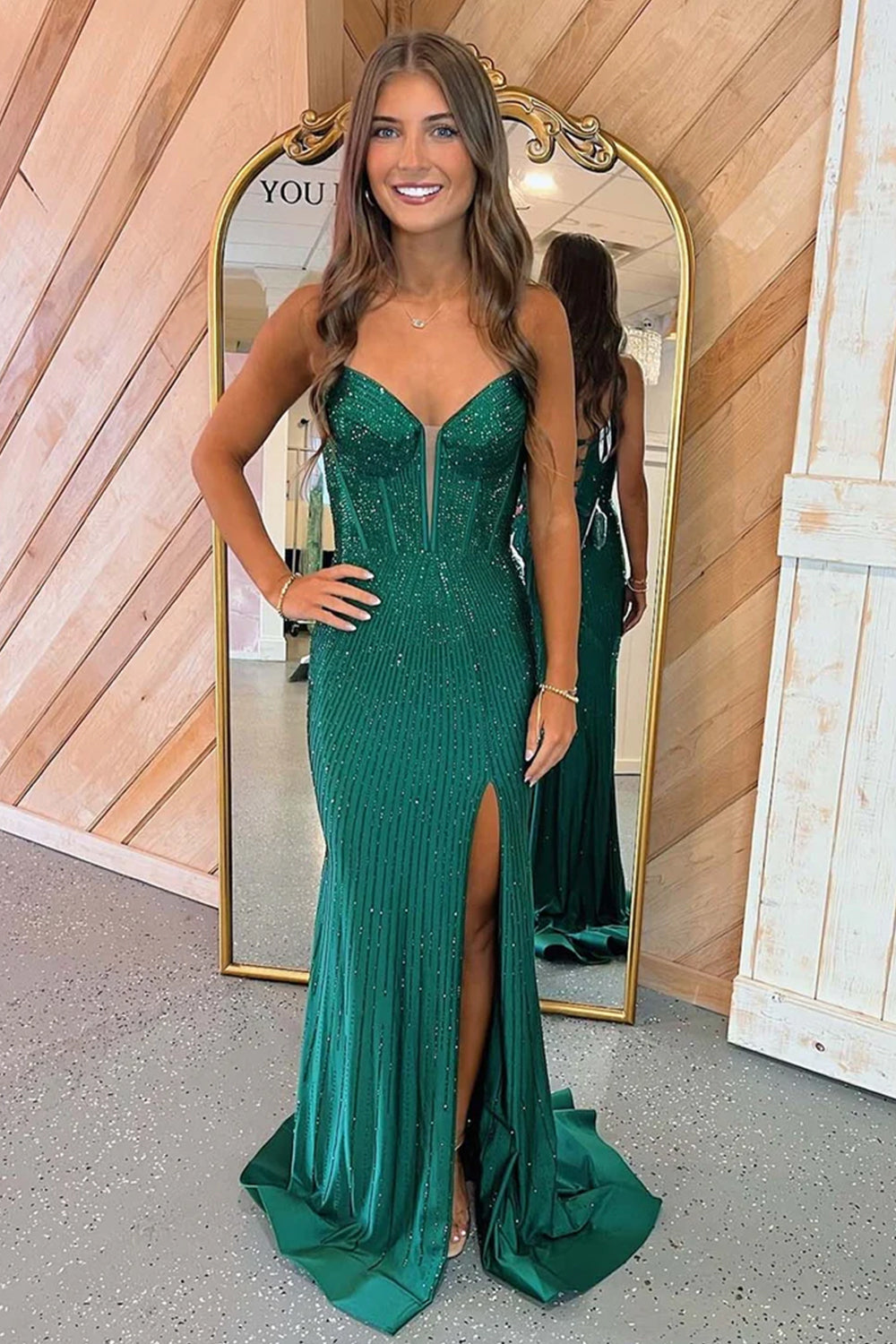 Shining Mermaid Spaghetti Straps Lace Up Long Beaded Prom Dress with Slit
