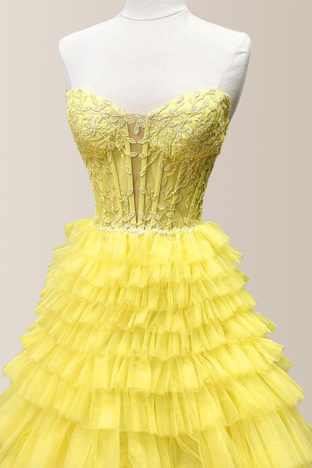 Stunning A-Line Strapless Lace Top Long Yellow Tiered Tulle Prom Dress