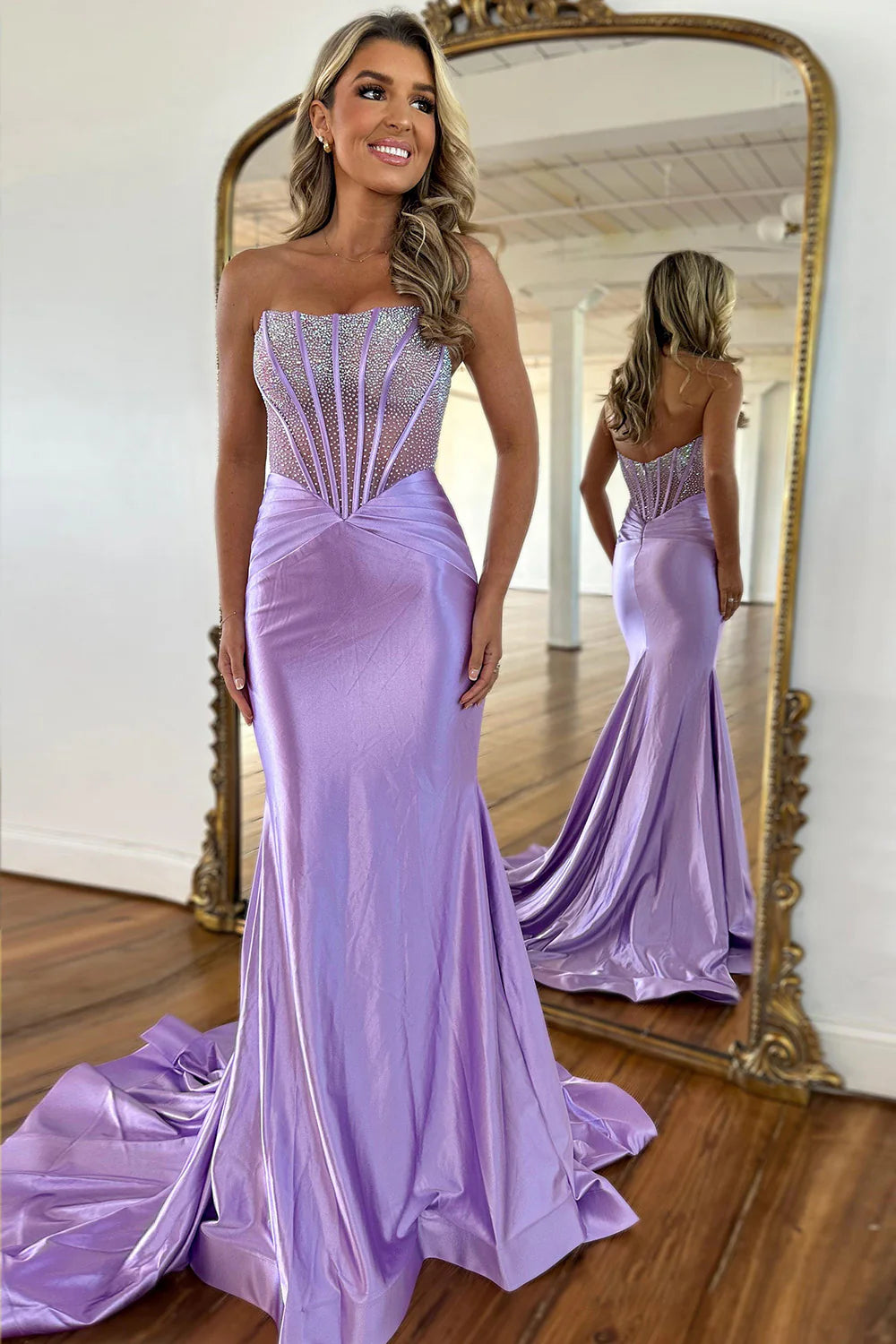 Stunning Lilac Mermaid Beaded Top Sweep Train Long Satin Prom Dress