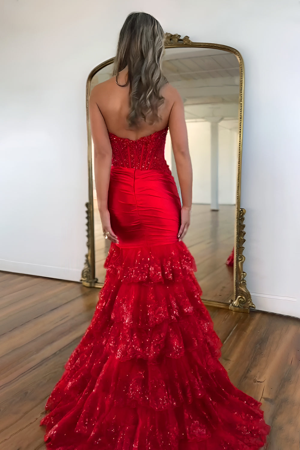 Stunning Strapless Mermaid Long Satin Prom Dress with Tiered Sequin Ruffle Skirt