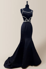 Stylish Black Mermaid Spaghetti Straps Long Satin Prom Dress with Beading