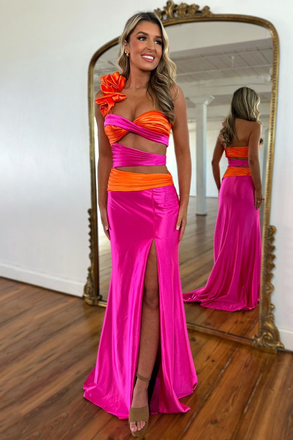 Stylish Hot Pink One Shoulder Mermaid Waist Hollow Satin Prom Dress with Slit