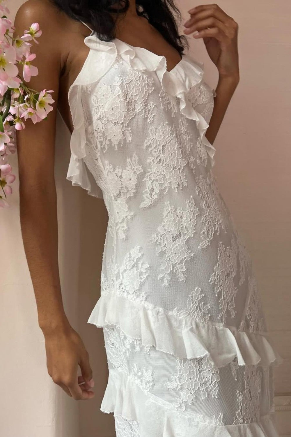 Cute Sheath Spaghetti Straps Open Back Long White Lace Ruffle Graduation Dress