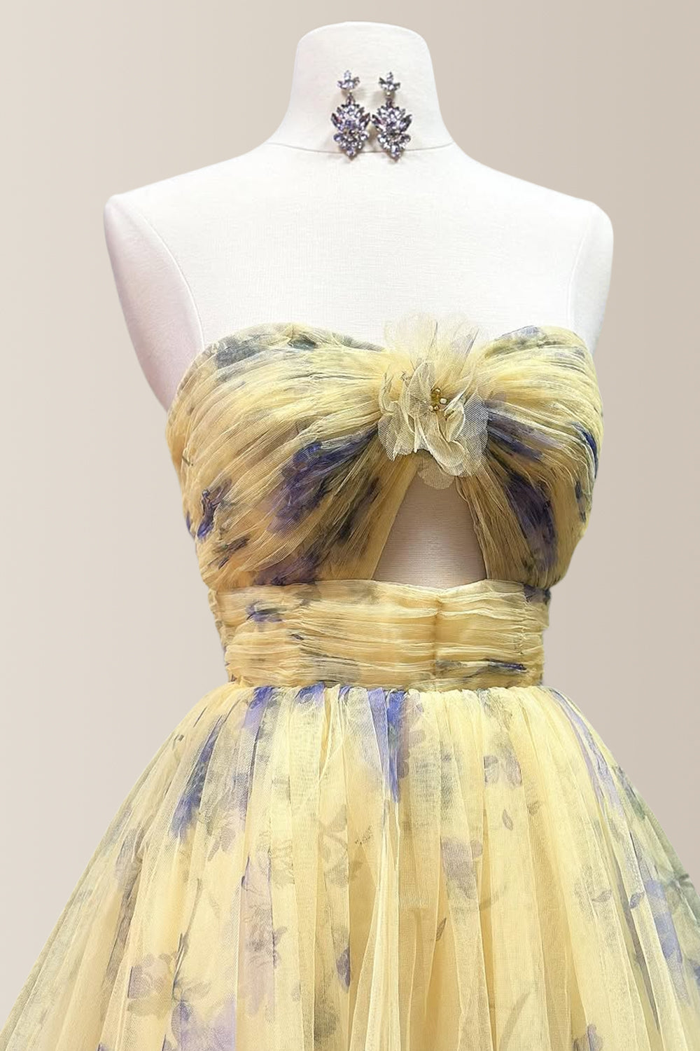 Yellow A-Line Zipper Back Long Tiered Print Tulle Prom Party Dress