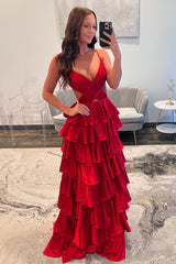 Cute A-Line Spaghetti Straps Waist Hollow Long Tiered Satin Prom Dress