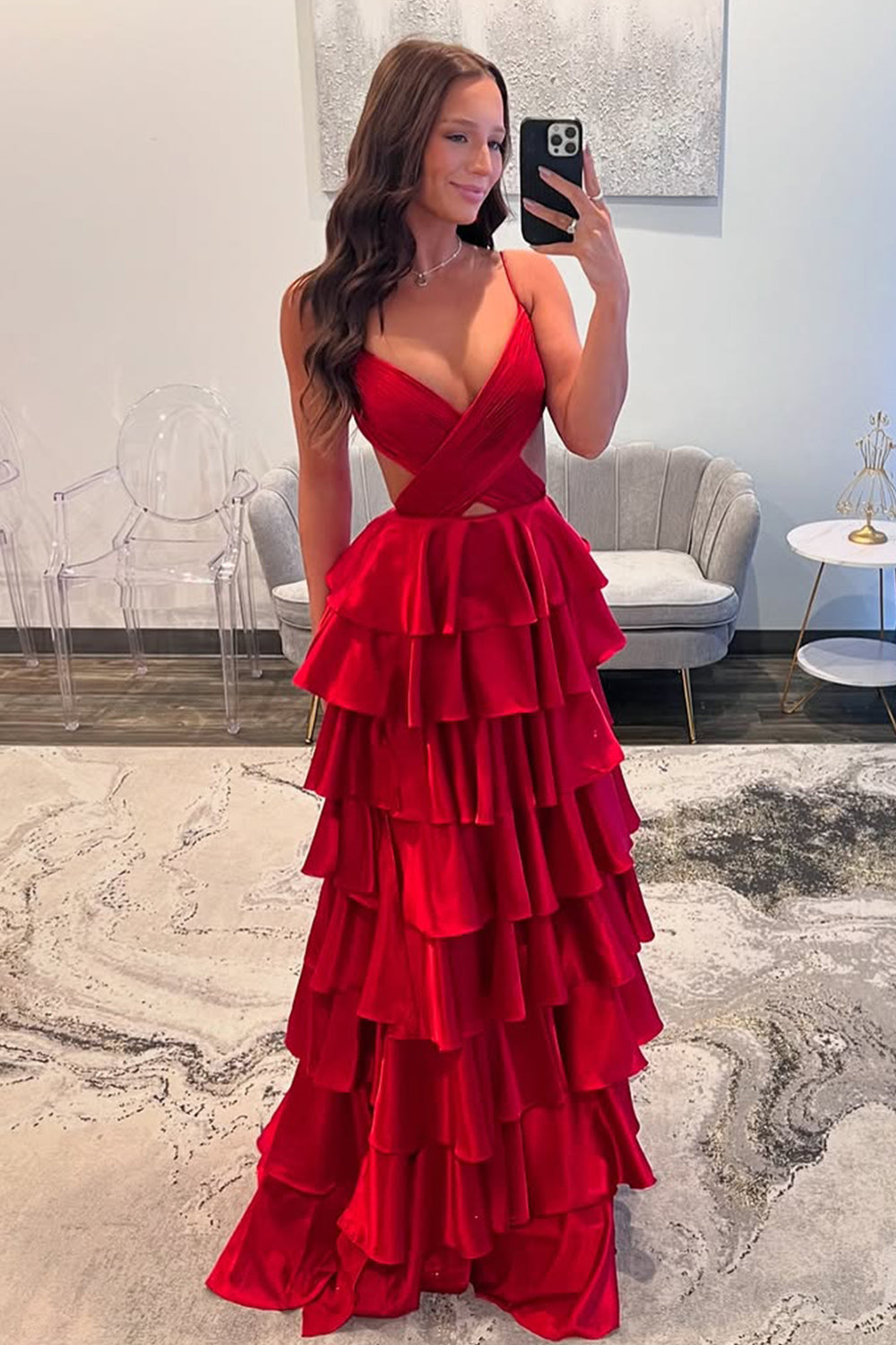 Yellow Spaghetti Straps A-Line Waist Hollow Long Layered Satin Prom Dress