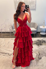 Cute A-Line Spaghetti Straps Waist Hollow Long Tiered Satin Prom Dress