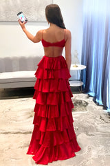 Cute A-Line Spaghetti Straps Waist Hollow Long Tiered Satin Prom Dress